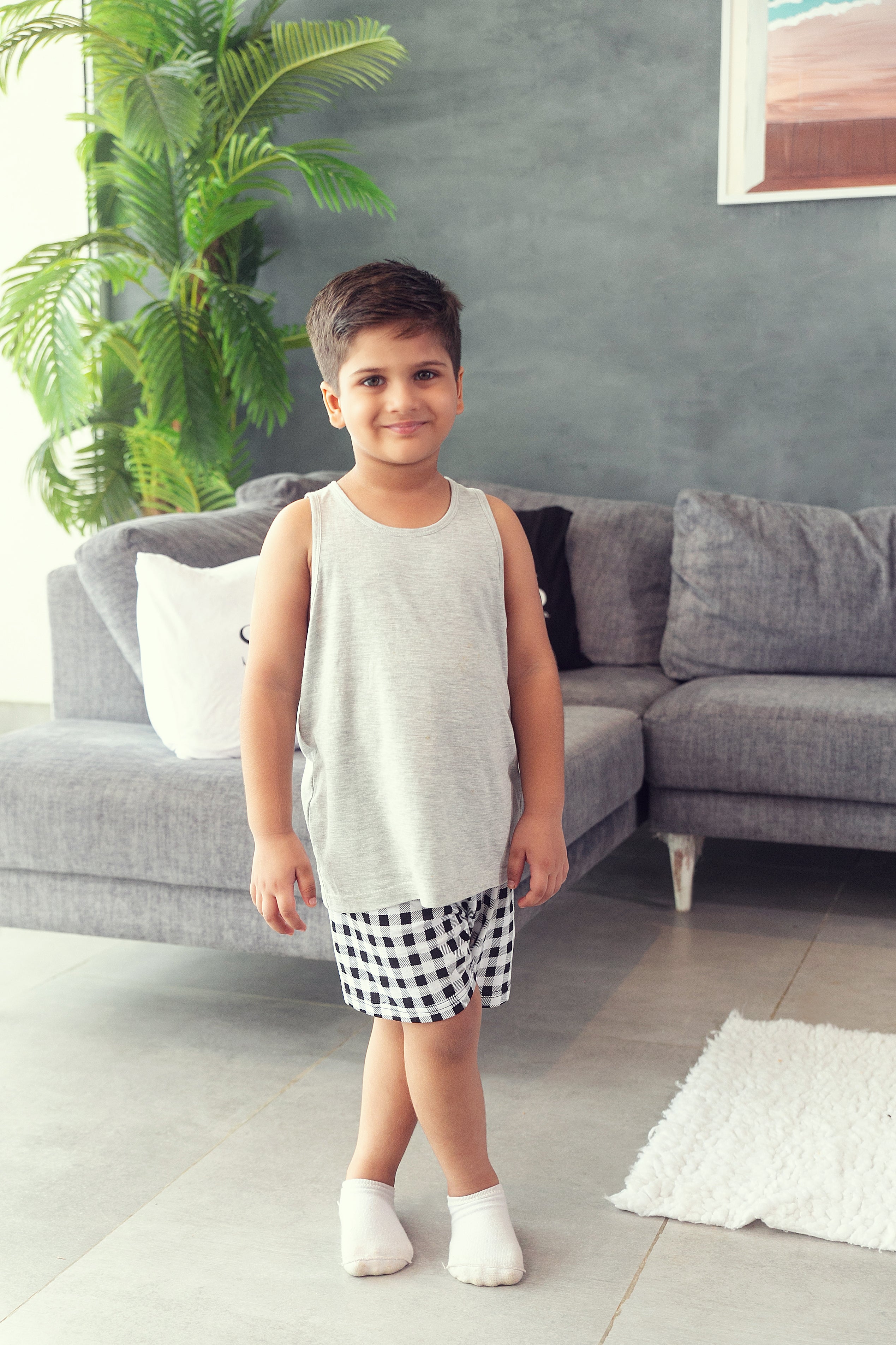 Grey Check Shorts Set - Boys